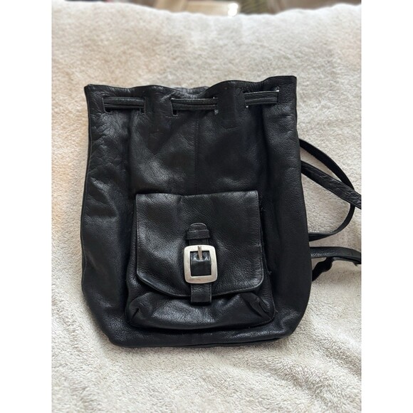 Vintage Black Leather Backpack Drawstring Sack Style Back Zip Pocket Distressed main image 10